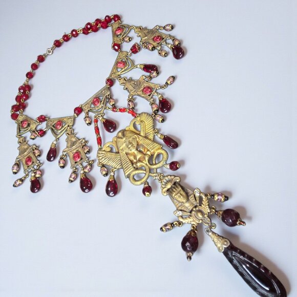 EGYPTIAN REVIVAL Massive Vintage Czech Ruby Glass Statement Necklace - Picture 4 of 6